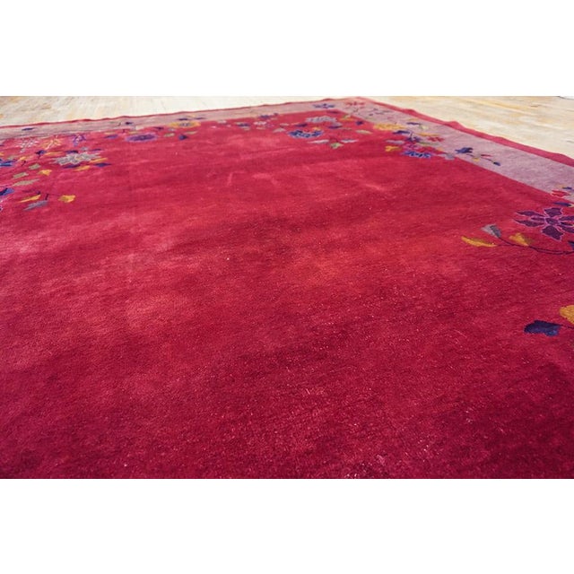 Textile Artistic Red Ruby Color and Floral Varied Designs Chinese Art Deco Rug For Sale - Image 7 of 11