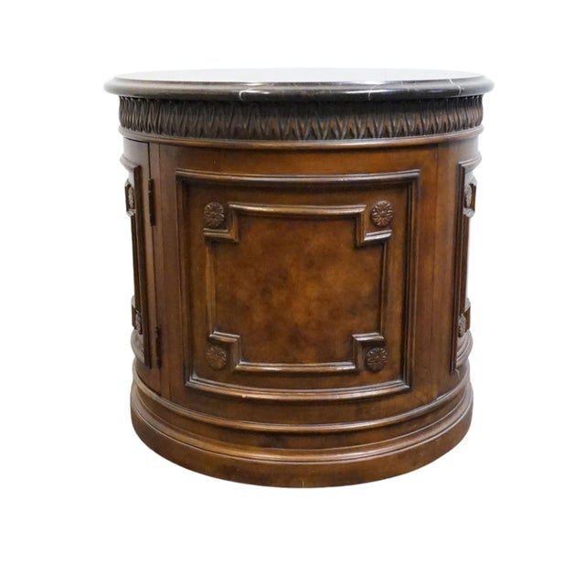 Wood Drexel Furniture Talavera Collection Contemporary Neoclassical Tuscan Style 30" Round Drum Accent Storage End Table W. Granite Top For Sale - Image 7 of 10