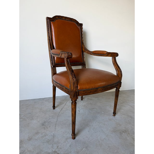 Vintage French Louis XVI Style Carved Wood & Brown Leather Armchair For Sale - Image 4 of 12