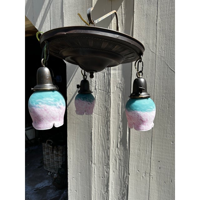 Metal Vintage Brass Flushmount Fixture With Vintage Cased Glass Tulip Shades For Sale - Image 7 of 7