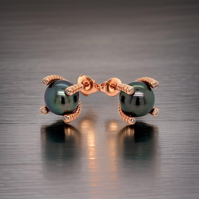 Diamond Large Tahitian Pearl Earrings 14k Rose Gold Certified For Sale - Image 4 of 14