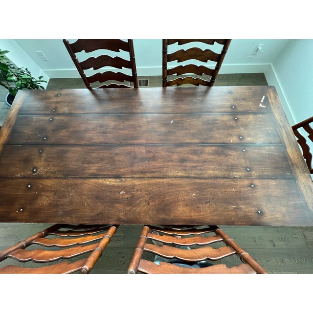 2000 - 2009 Walnut Trestle Table With 6 Ladder Back Side Chairs - Set of 7 For Sale - Image 5 of 18