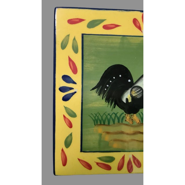 Late 20th Century Provence Baum Bros. Style Eyes Hand Painted Terra-Cotta Country Rooster Wall Hanging Trivet Tile For Sale - Image 4 of 9