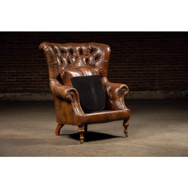 Vintage Tufted Leather Highback Armchair With Lumbar Pillow in Brown For Sale In Chicago - Image 6 of 11