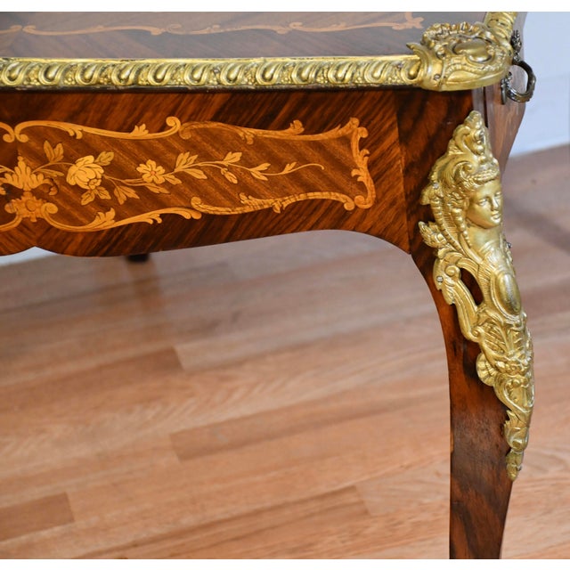 1900 Antique French Louis XV Walnut & Satinwood Inlay Writing Desk For Sale - Image 10 of 14