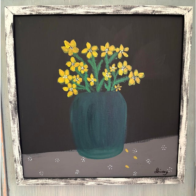 Black Rustic Whimsical Framed Flowers in a Vase Artisan Painting For Sale - Image 8 of 9