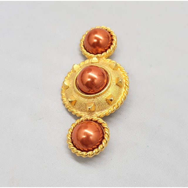 Modern Vintage Signed Gerard Yosca Goldtone Red Faux-Pearl Brooch For Sale - Image 3 of 7