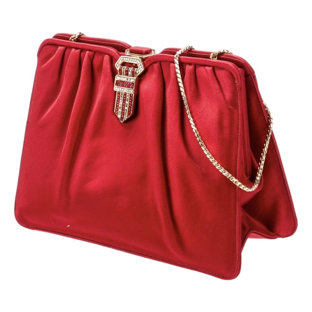 90s Judith Leiber Red Satin Evening handBag Crystal Shoulder Day Vintage Clutch For Sale