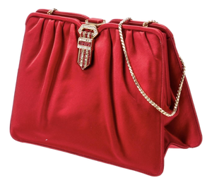 90s Judith Leiber Red Satin Evening handBag Crystal Shoulder Day Vintage Clutch