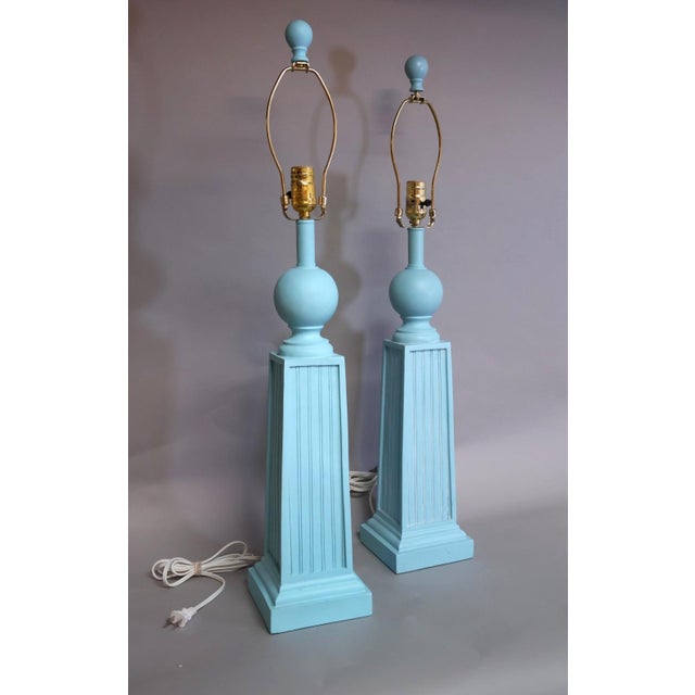 1980s 1980s Coastal Regency Aqua Fluted Obelisk Table Lamps - a Pair For Sale - Image 5 of 5