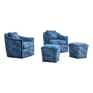 Pair Sam Moore Hooker Furniture Swivel Chairs & Ottomans For Sale