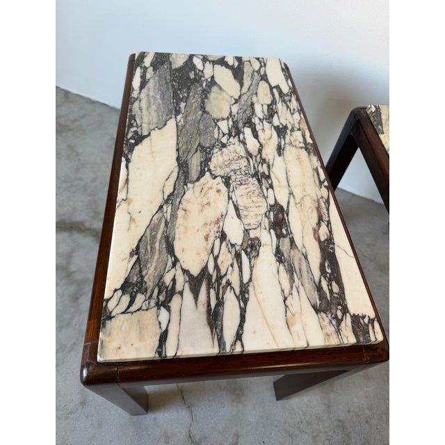 1960s 1960's Vintage French Mahogany and Marble Top Side Tables - A Pair For Sale - Image 5 of 12