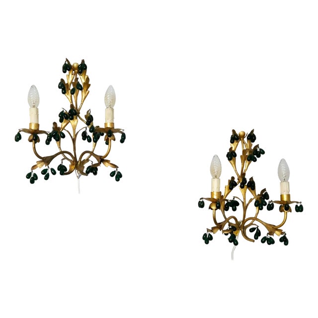 Wall Lights in Gilted Metal with Green Glass Drops, 1950s, Set of 2 For Sale