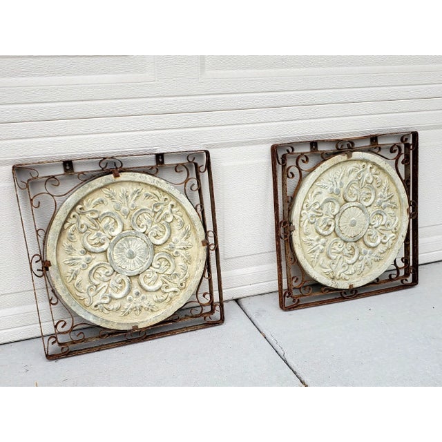 1980s 1980s Vintage Pair of Square Iron Framed Terracotta Relief Botanical Medallion Wall Hangings For Sale - Image 5 of 12