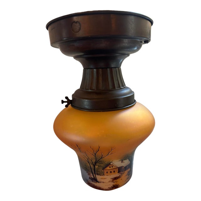 1910s Hand Painted Glass Flushmount on Rare Brass Holder For Sale