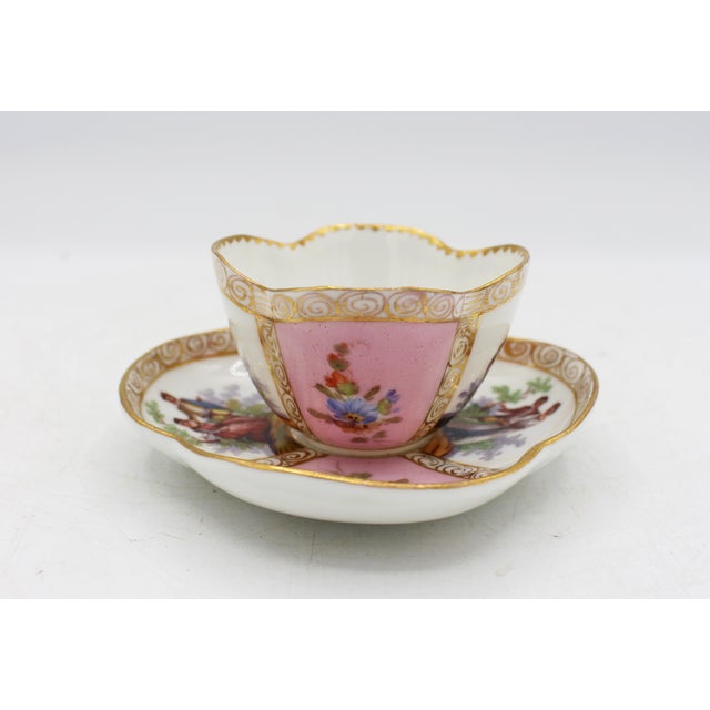 Circa 1888-1916 Richard Klemm, Dresden quatrefoil demitasse cup & saucer. Fully marked. Porcelain. Delicate scroll handle....