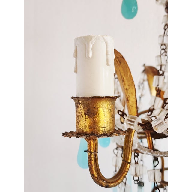 Vintage Gilt Metal Italian Chandelier With Blue Opaline Crystals For Sale - Image 11 of 12