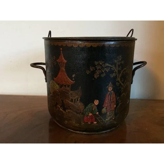 Antique French Louis XV tole cachepot or bottle cooler. Decorated with Chinese figures in green. Handles to each side....