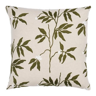 Schumacher Lillia Embroidery 20" Pillow in Olive on Neutral For Sale