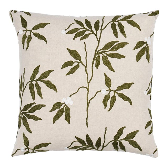 Schumacher Lillia Embroidery 20" Pillow in Olive on Neutral For Sale