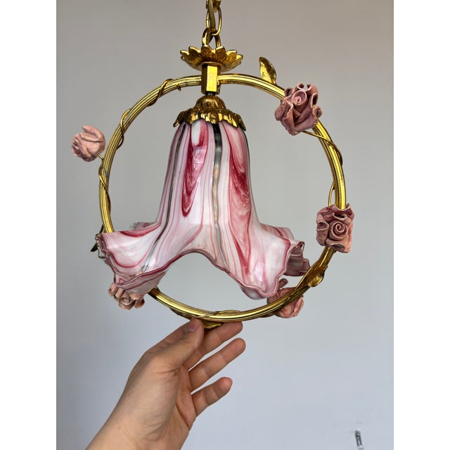 Glass ⁠1970s Vintage Italian Pink Murano Ruffled Glass and Ceramic Rose Chandelier⁠ For Sale - Image 7 of 17