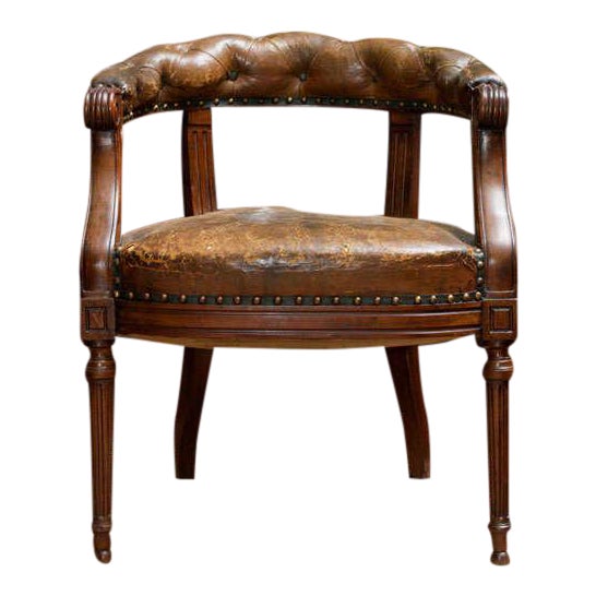 Mid 19th Century Tufted Leather and Mahogany Barrel-Back Library Chair For Sale