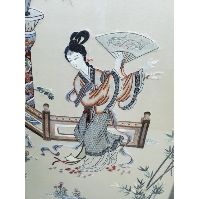 Late 20th Century Antique Pair of Chinese Embroidered Silk Panels- Ladies in Garden Framed For Sale - Image 11 of 12