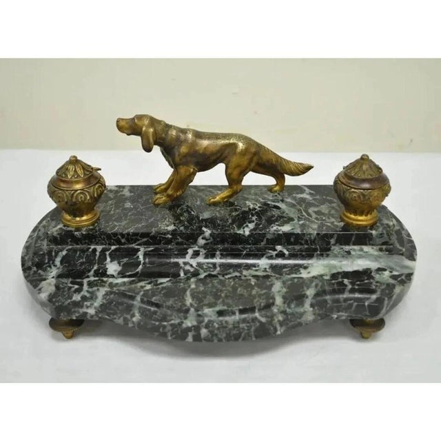 Antique French Empire Style Figural Bronze & Marble Hunting Dog Desk Double Inkwell. Circa Early 20th Century....