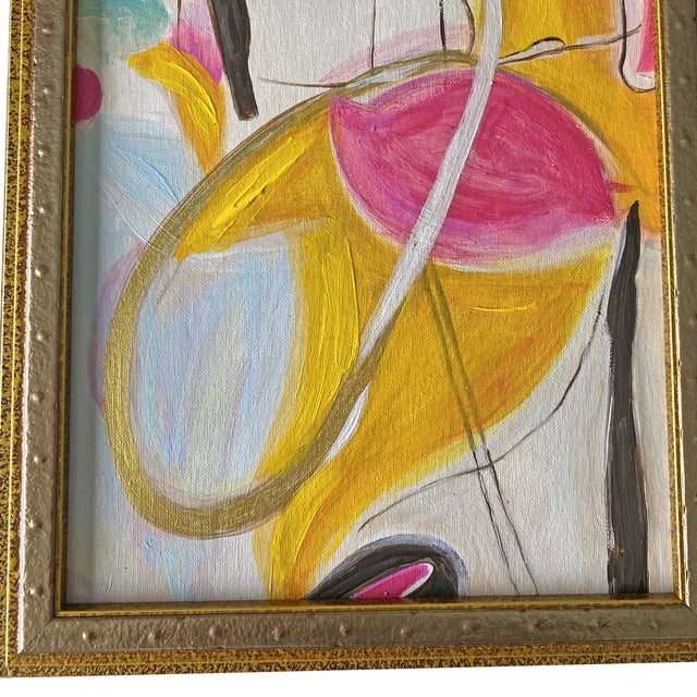 Original Abstract Painting Pink Yellow Modern Art Framed Acrylic on Canvas Contemporary Expressionist Wall Art 13x16 For Sale - Image 4 of 5