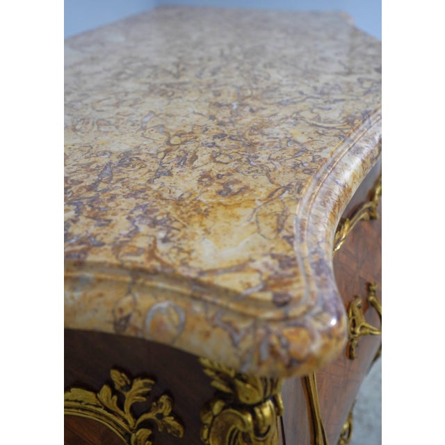 French Louis XV Vintage Marble Top Marquetry Commode For Sale - Image 10 of 17