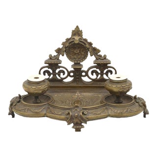 Early 20th Century Victorian Bronze Double Inkwell Desktop Tray For Sale