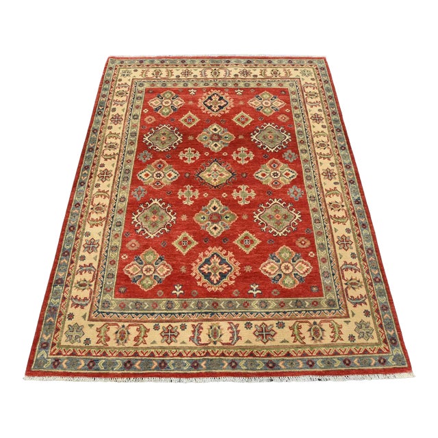Kazak Rug 4’11” X 6’5” Red Wool Tribal Hand-Knotted Oriental Carpet For Sale