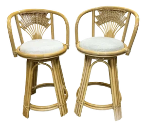 Vintage Coastal Rattan Fan Back Swivel Barstools - a Pair