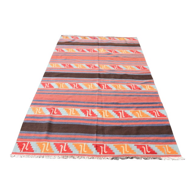 1970s Rustic Hand Knotted Red Striped Rug For Sale