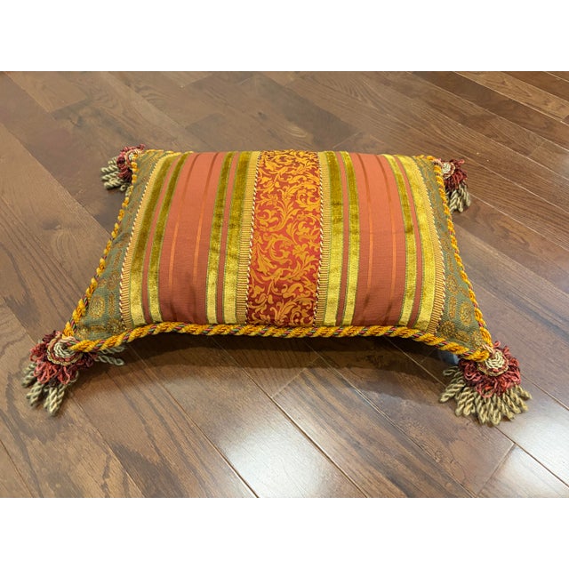 Traditional Luxury Regal Brocade & Velvet Striped Throw Pillow With Tassel Trim For Sale - Image 3 of 3