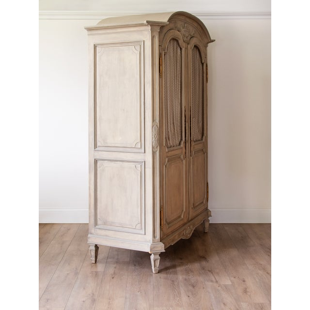 French Provincial Monumental French Provincial Bleached Oak Armoire With Carved Urn Crest For Sale - Image 3 of 4