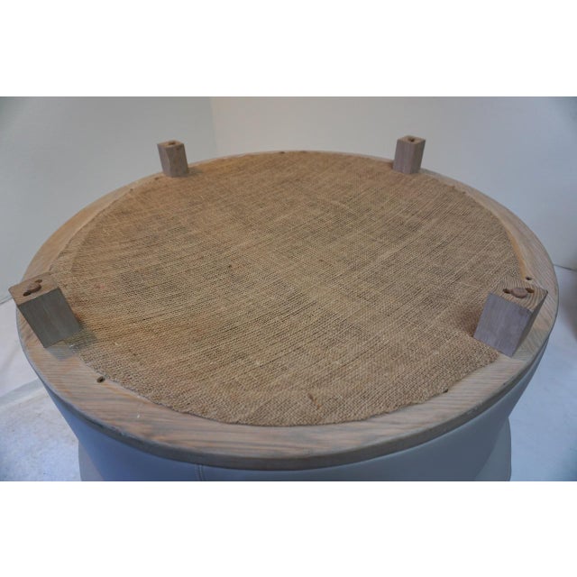 Round Leather Gray Ottoman With Natural Wood Legs | Chairish