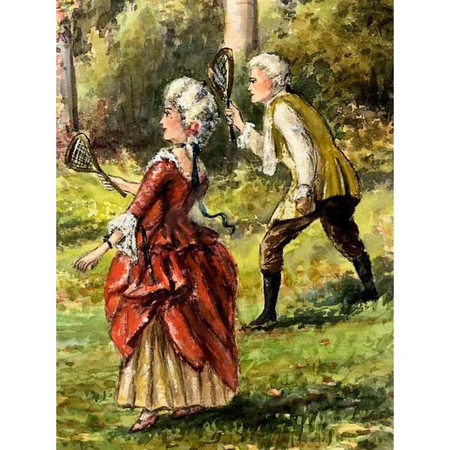 Belle Epoque Watercolor of 18th-Century Courtiers Playing Shuttlecock Game For Sale In San Francisco - Image 6 of 7