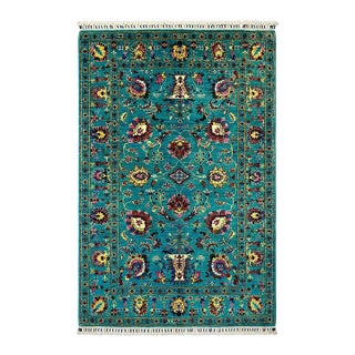Turquoise Sultani Persian Style Floral Area Rug - 4' X 6' For Sale