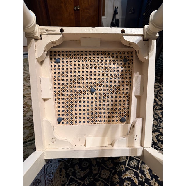 Vintage Cane and Wood Vanity Chair With Custom Blue Leather Tufted Cushion For Sale - Image 15 of 15