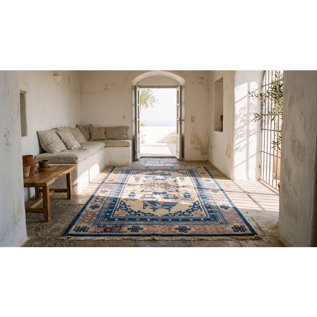 1850s Beige Medallion Antique Chinese Ningxia Rug 4' 4" X 7' 4" Handknotted Wool Carpet For Sale In New York - Image 6 of 8
