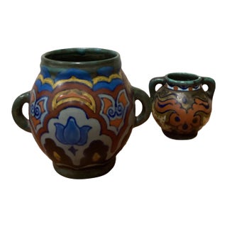 Antique Gouda Pottery Handled Vases & Pots Set Circa 1922-1923 Holland - Set of 2 For Sale