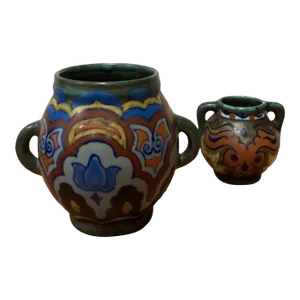 Antique Gouda Pottery Handled Vases & Pots Set Circa 1922-1923 Holland - Set of 2