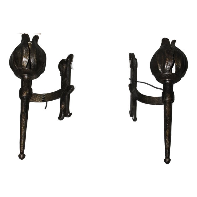 Medieval Wrought Iron Wall Sconces by Reboulet, 1950s, Set of 2 For Sale