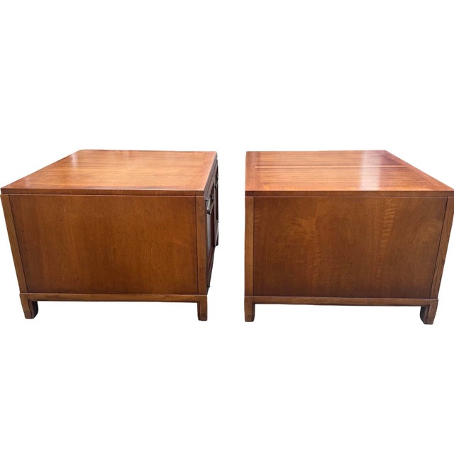 Vintage Asian Modern Walnut Storage End Tables With Brass Hardware – Pair For Sale - Image 4 of 8