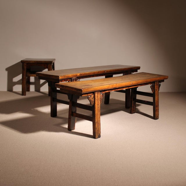Vintage Rustic Bench with Stool and Coffee Table in Elm, 1980s, Set of 3 For Sale - Image 10 of 15