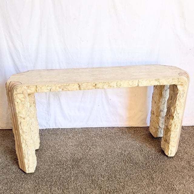 Postmodern Tessellated Beige and Pink Stone Console Table With Brass Inlay For Sale - Image 9 of 10