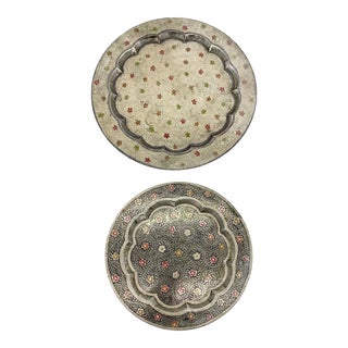 Early 20th Century India Hand Etched Enameled Trays - Pair (2) For Sale