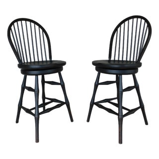 Custom Black Distressed Hoop Back Windsor Style Counter Height Stools - A Pair For Sale