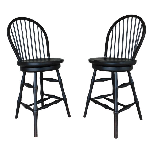 Custom Black Distressed Hoop Back Windsor Style Counter Height Stools - A Pair For Sale